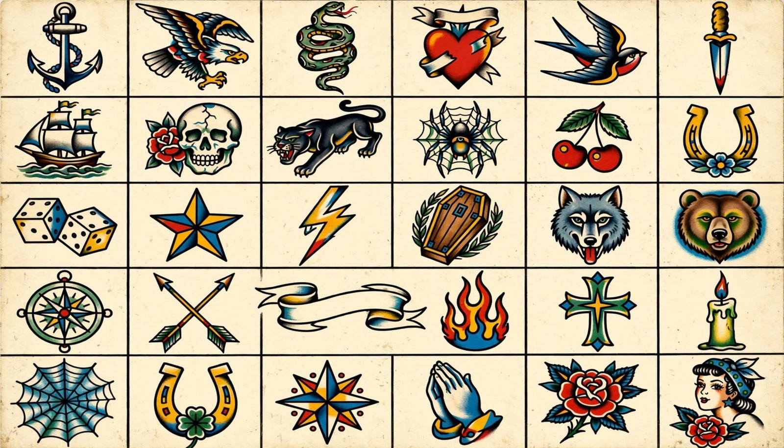 A five-row flash sheet shows 30 colorful traditional tattoo symbols on aged cream paper.