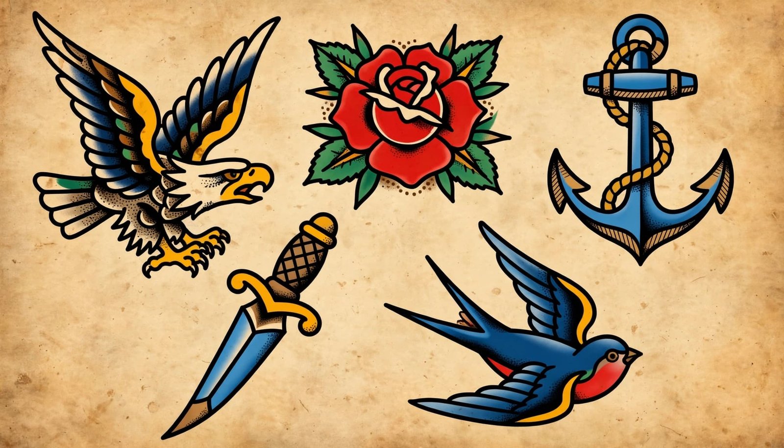 American traditional flash showing an anchor, rose, swallow, dagger, and eagle on aged paper.