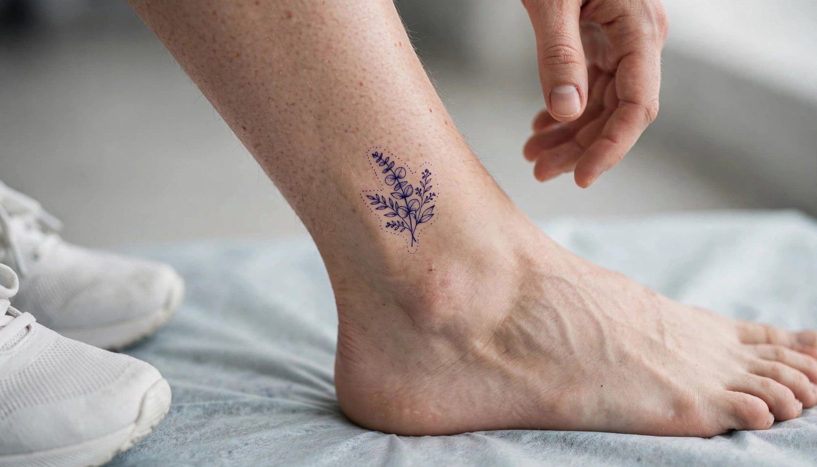 A botanical stencil is checked above one ankle beside unworn shoes.