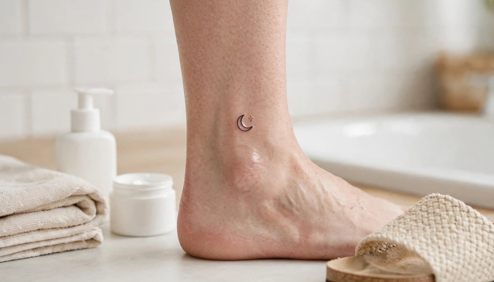 Fresh ankle tattoo beside a sandal, clean towel, soap, and moisturizer.