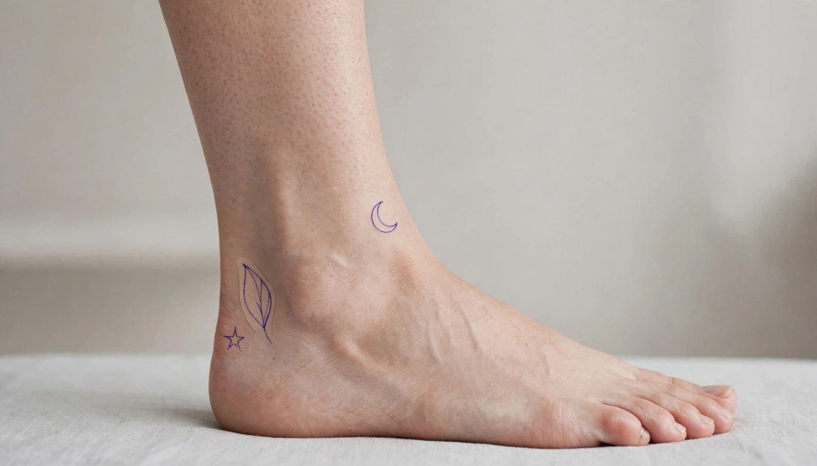 Lower leg and foot with three blank tattoo stencils around the ankle.