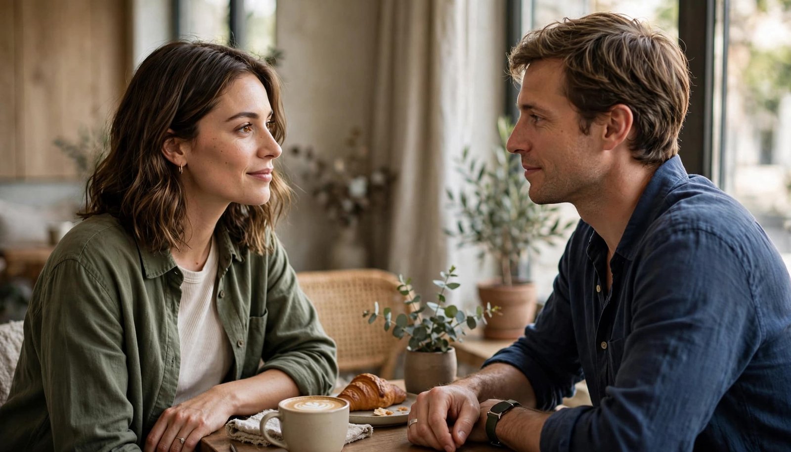 A woman and man listen to each other in a softly lit coffee shop.