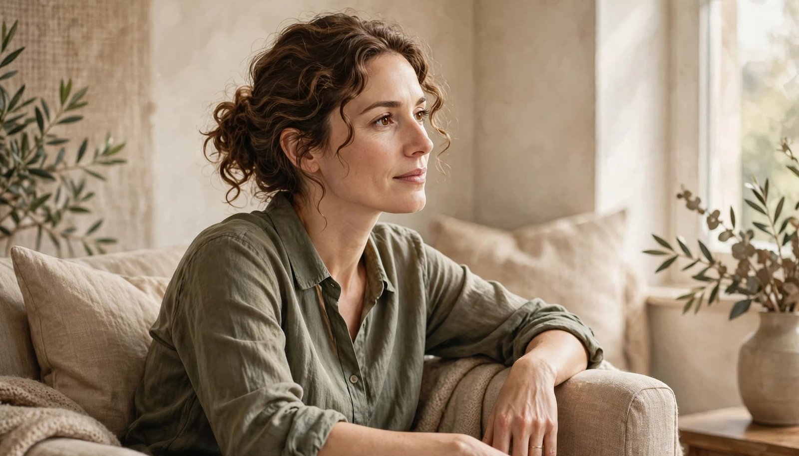 An adult listens calmly in a softly lit living room.