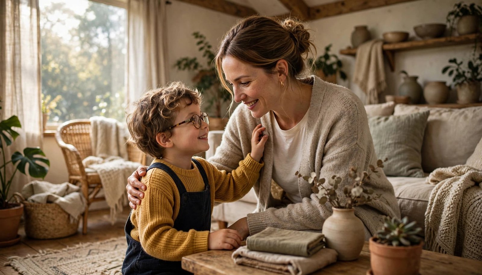An aunt greeting a child in a sunny, cozy living room.