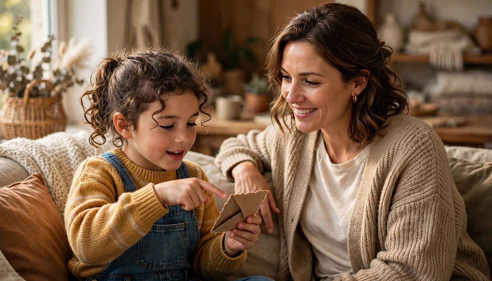 An aunt listens as a child points to a handmade card in a cozy room.
