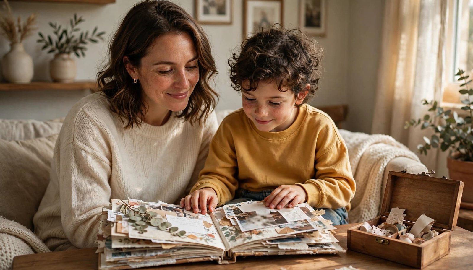 An aunt and child share a scrapbook beside a small keepsake box.