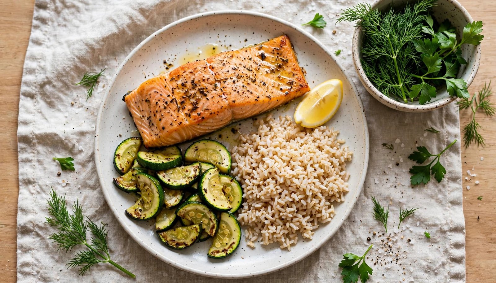 Salmon, zucchini, and brown rice arranged on a ceramic plate with lemon and herbs.