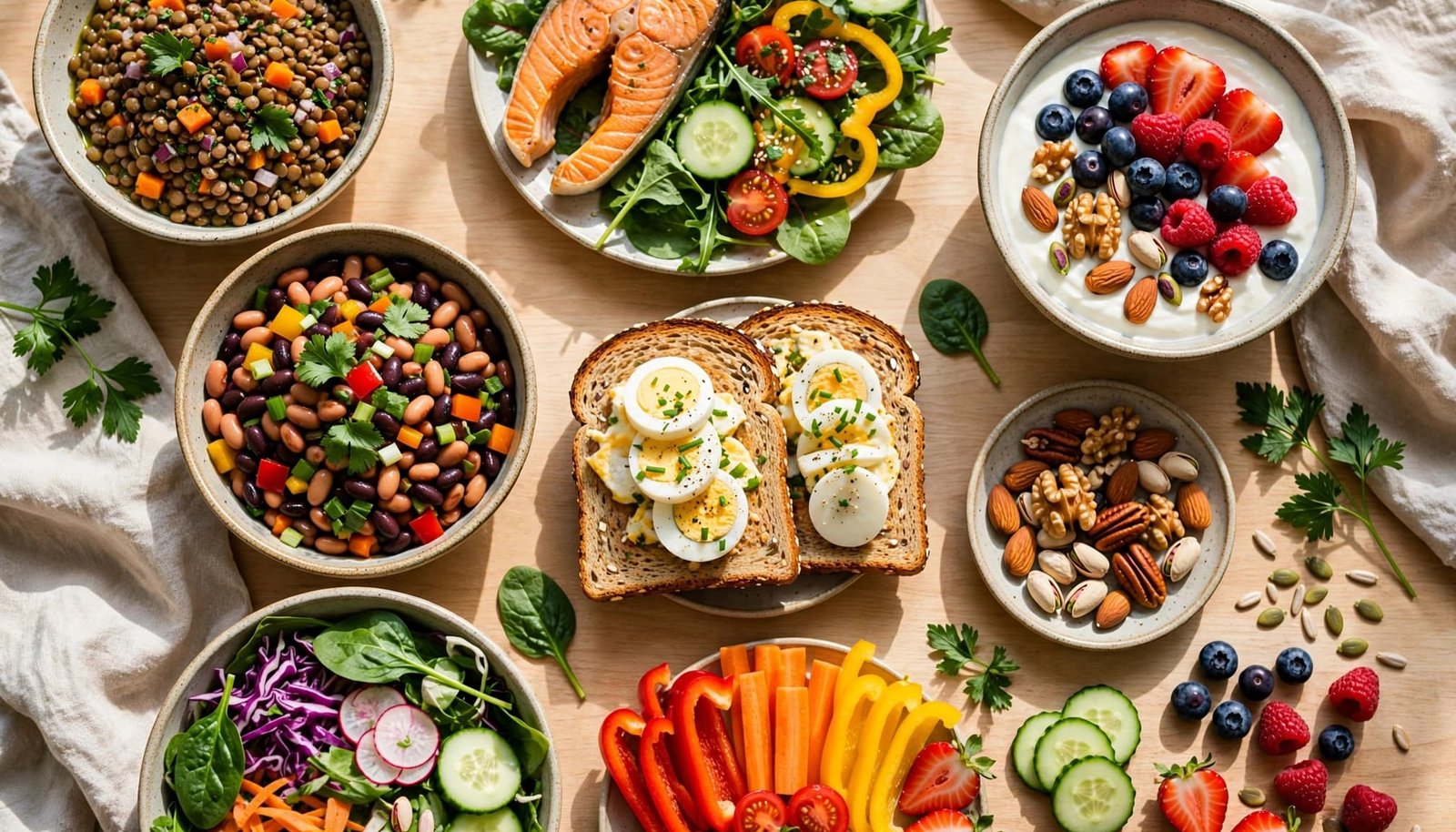 Balanced meal portions with eggs, salmon, vegetables, berries, toast, yogurt, and nuts on a kitchen table.