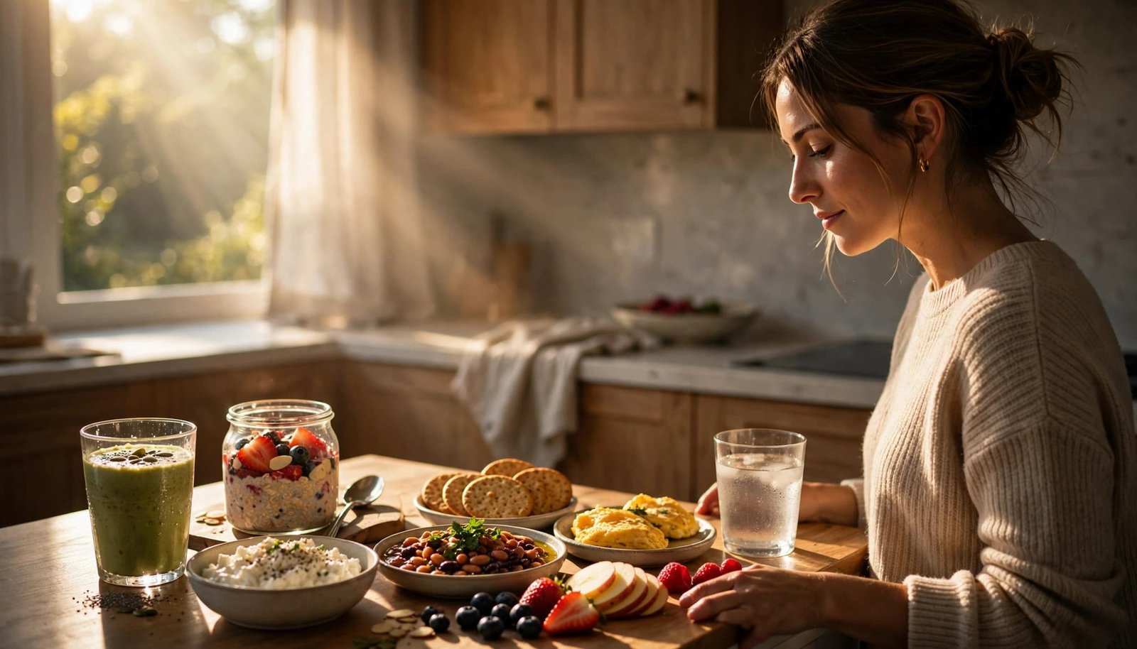 Woman preparing a balanced breakfast with fruit, eggs, oats, and a smoothie.
