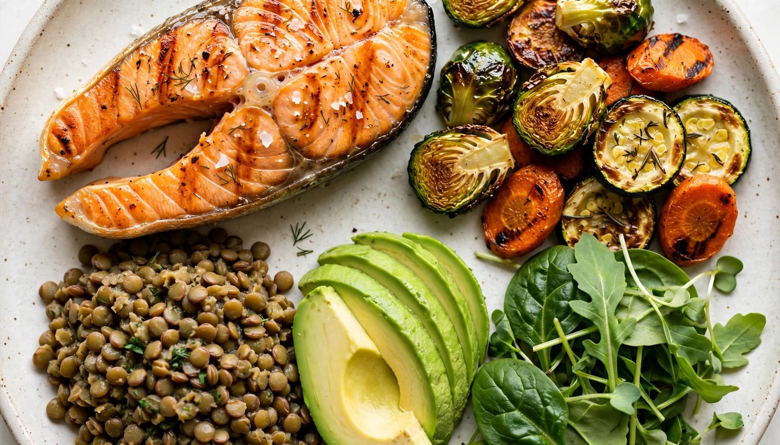 A ceramic plate with salmon, lentils, vegetables, avocado, and leafy greens.