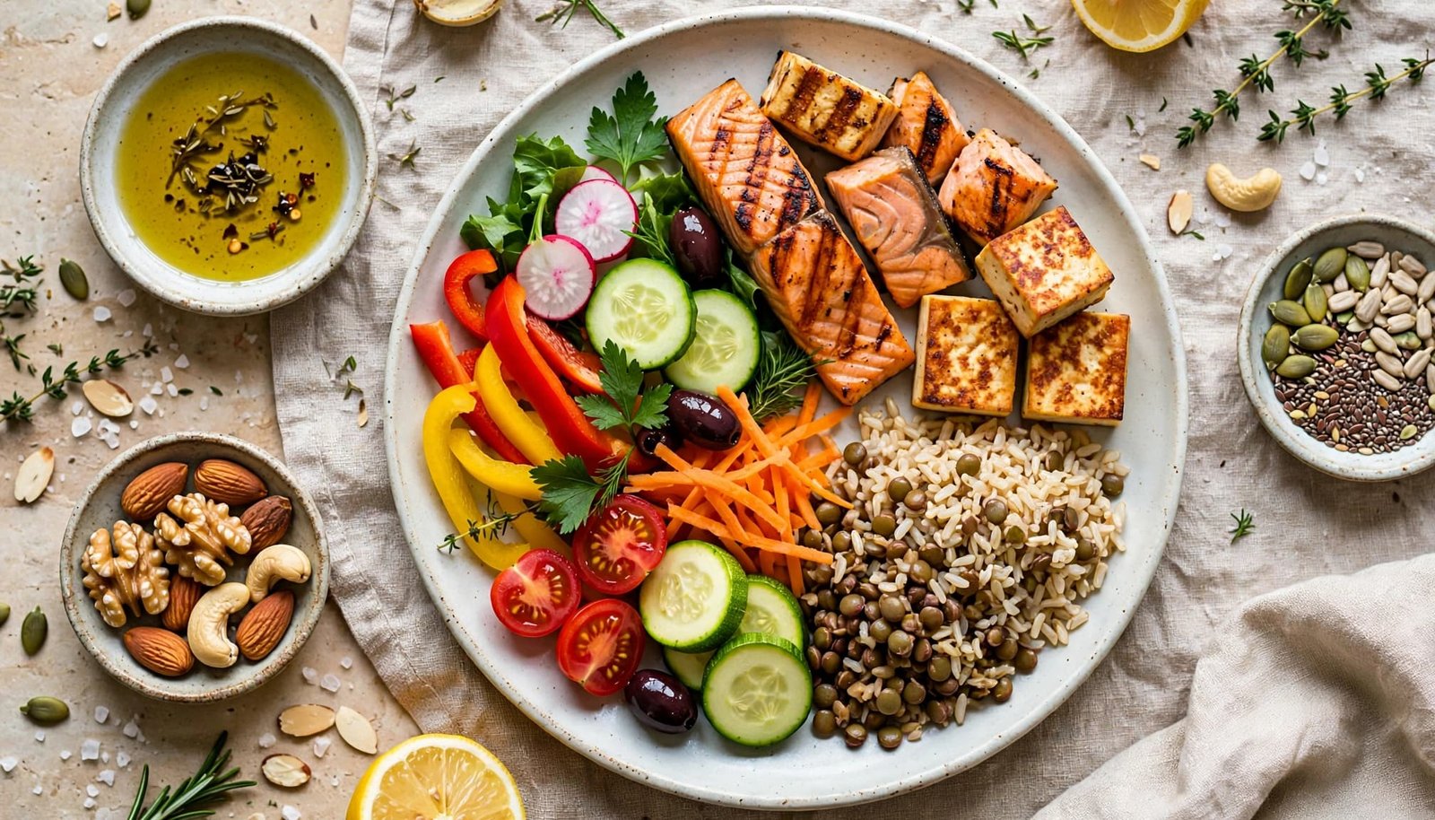 A plate with vegetables, salmon, tofu, rice, lentils, and small dishes of oil, nuts, and seeds.
