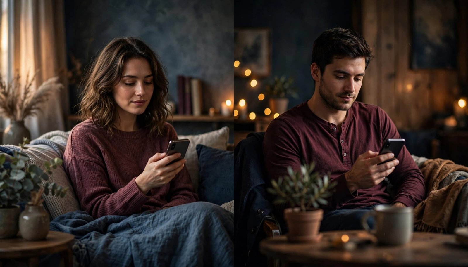 A woman and man text from separate cozy rooms.