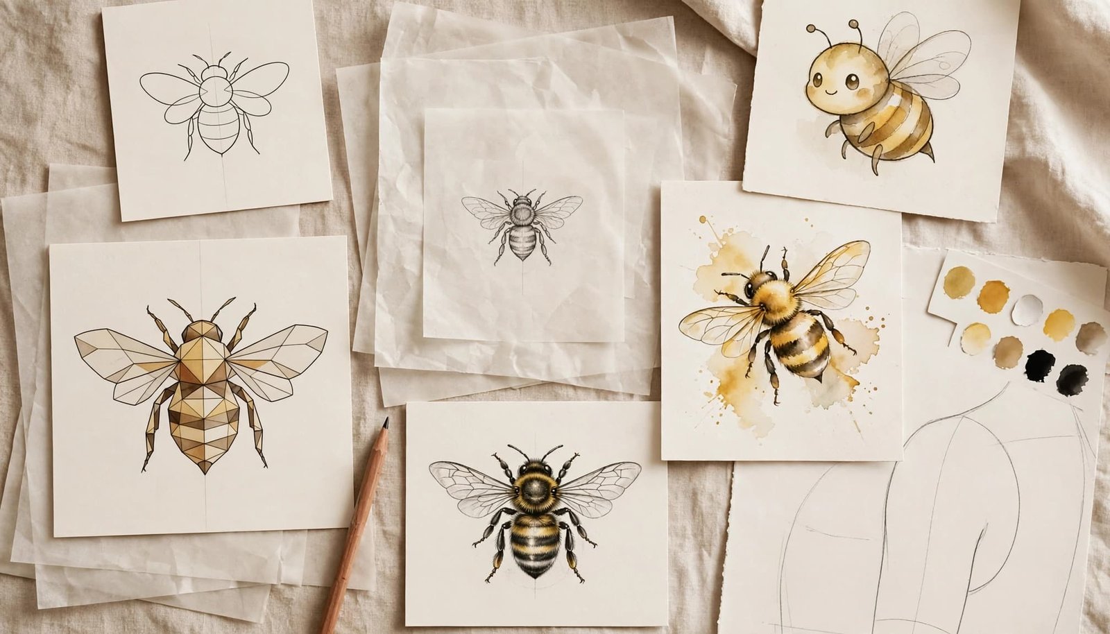 Bee tattoo sketches in several styles arranged on a studio table.
