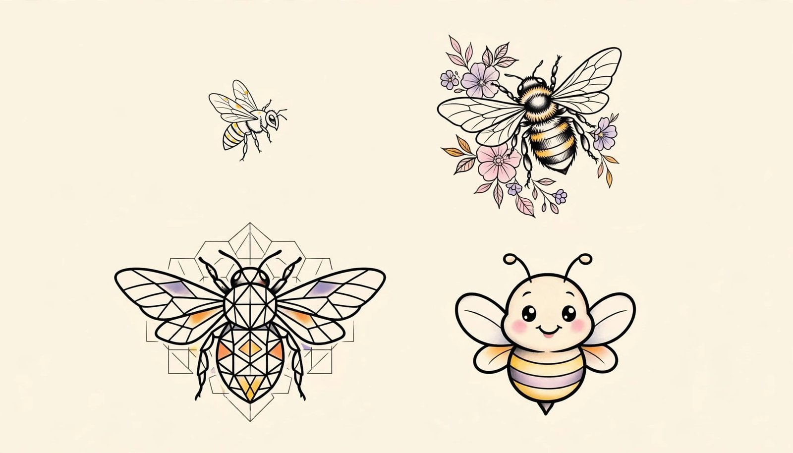 Four different bee tattoo designs arranged on a warm ivory background.