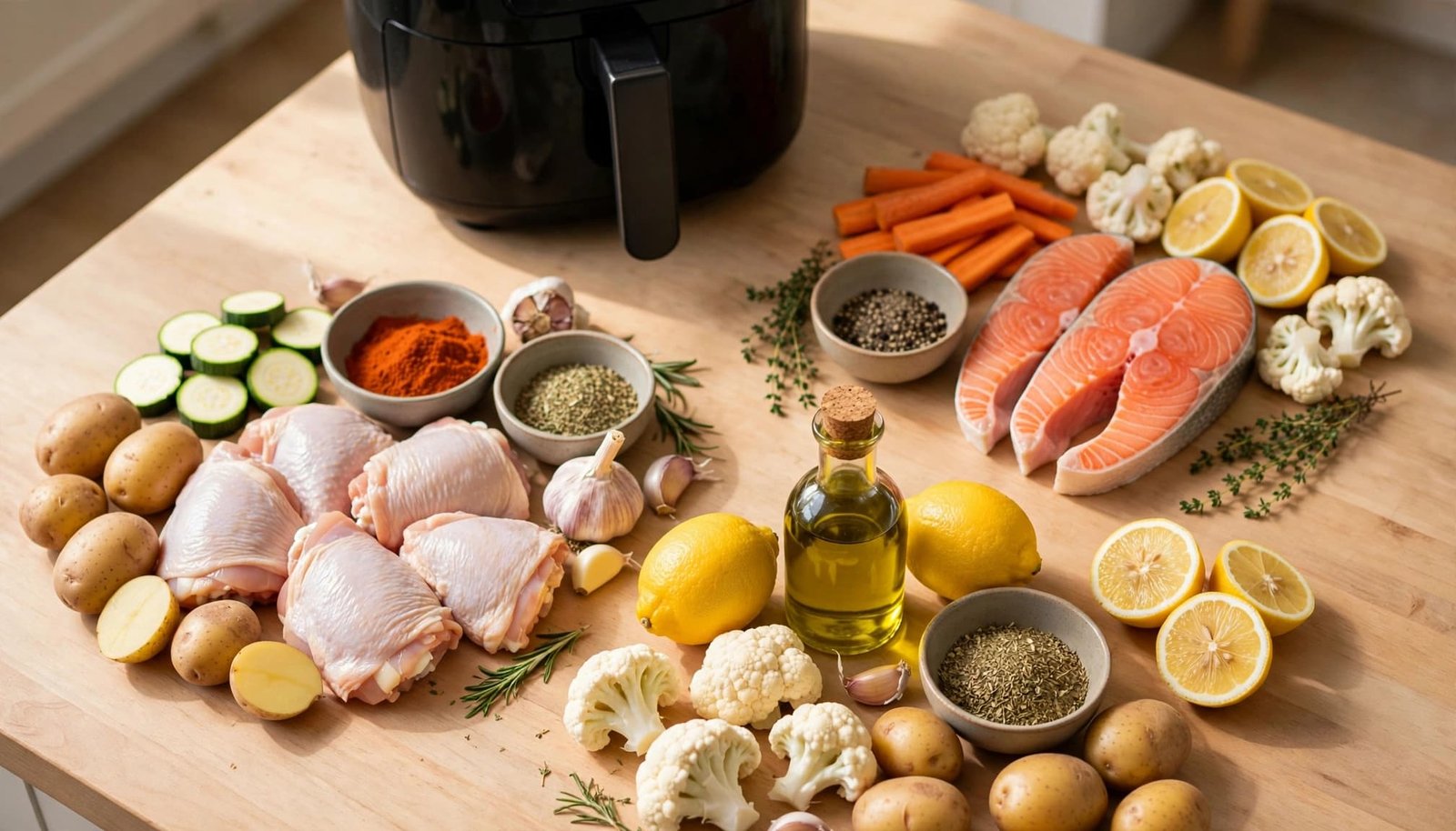 Chicken, salmon, vegetables, herbs, and lemons arranged beside a compact air fryer.