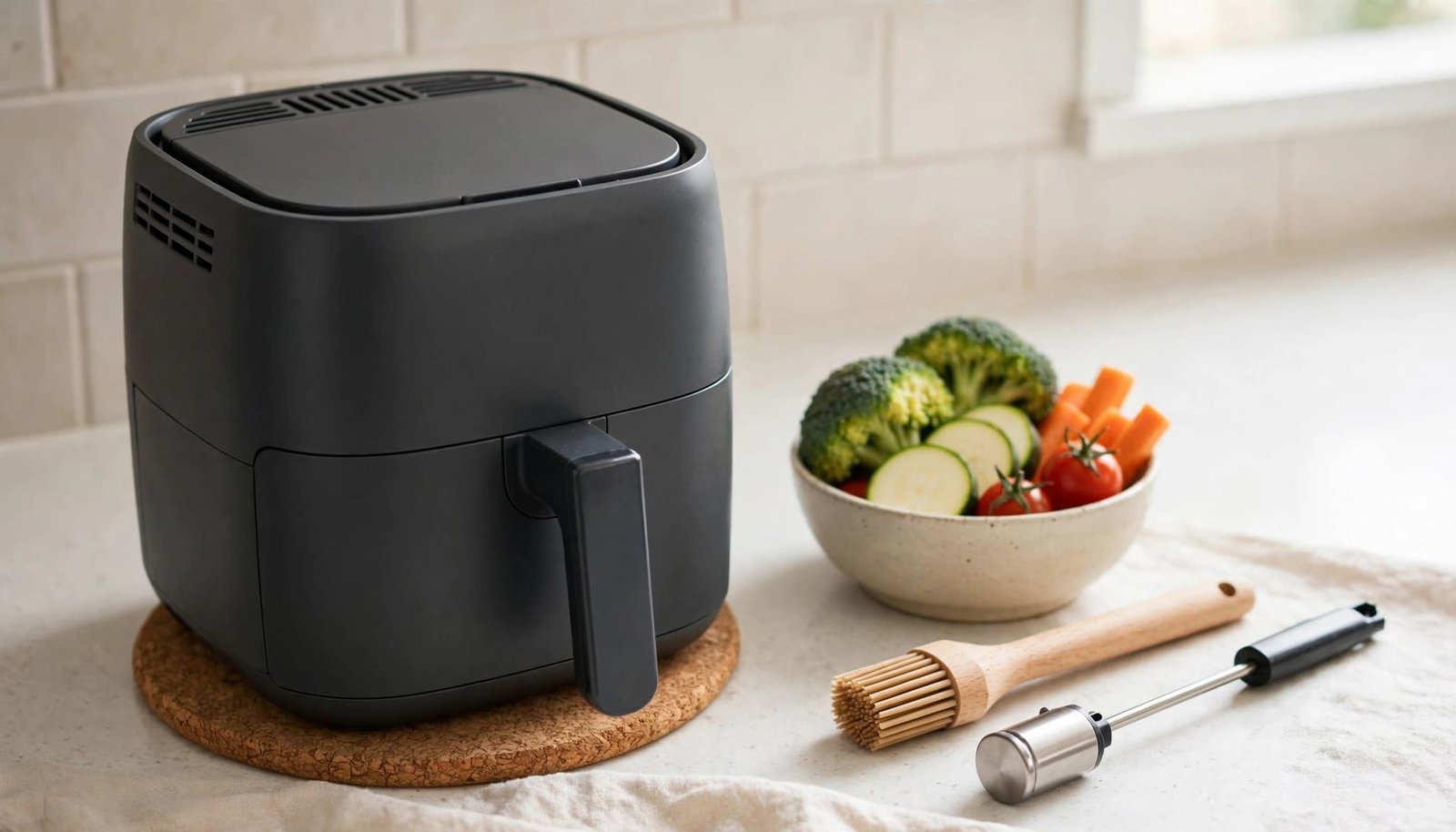 Compact air fryer with vegetables, an oil brush, and thermometer on a kitchen counter.