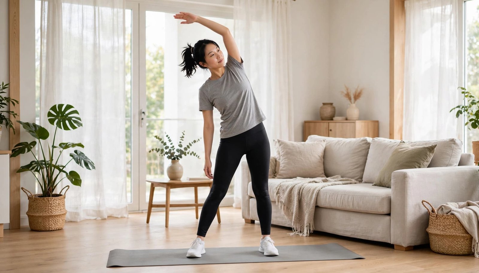 A beginner warming up on a yoga mat in a bright living room.