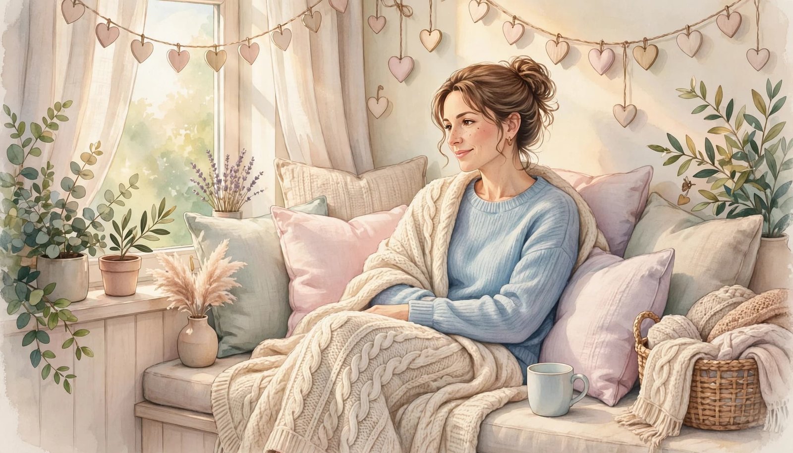 An aunt relaxes in a sunny reading nook with pillows, a knitted throw, and heart decorations.