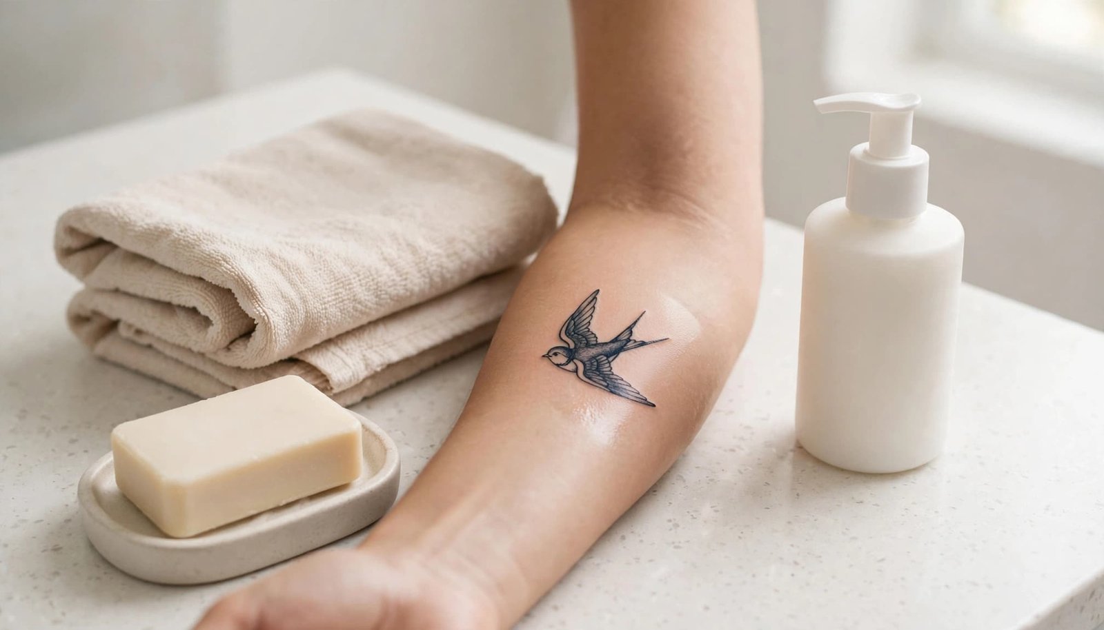 Fresh swallow tattoo beside moisturizer, a folded towel, and unscented soap.