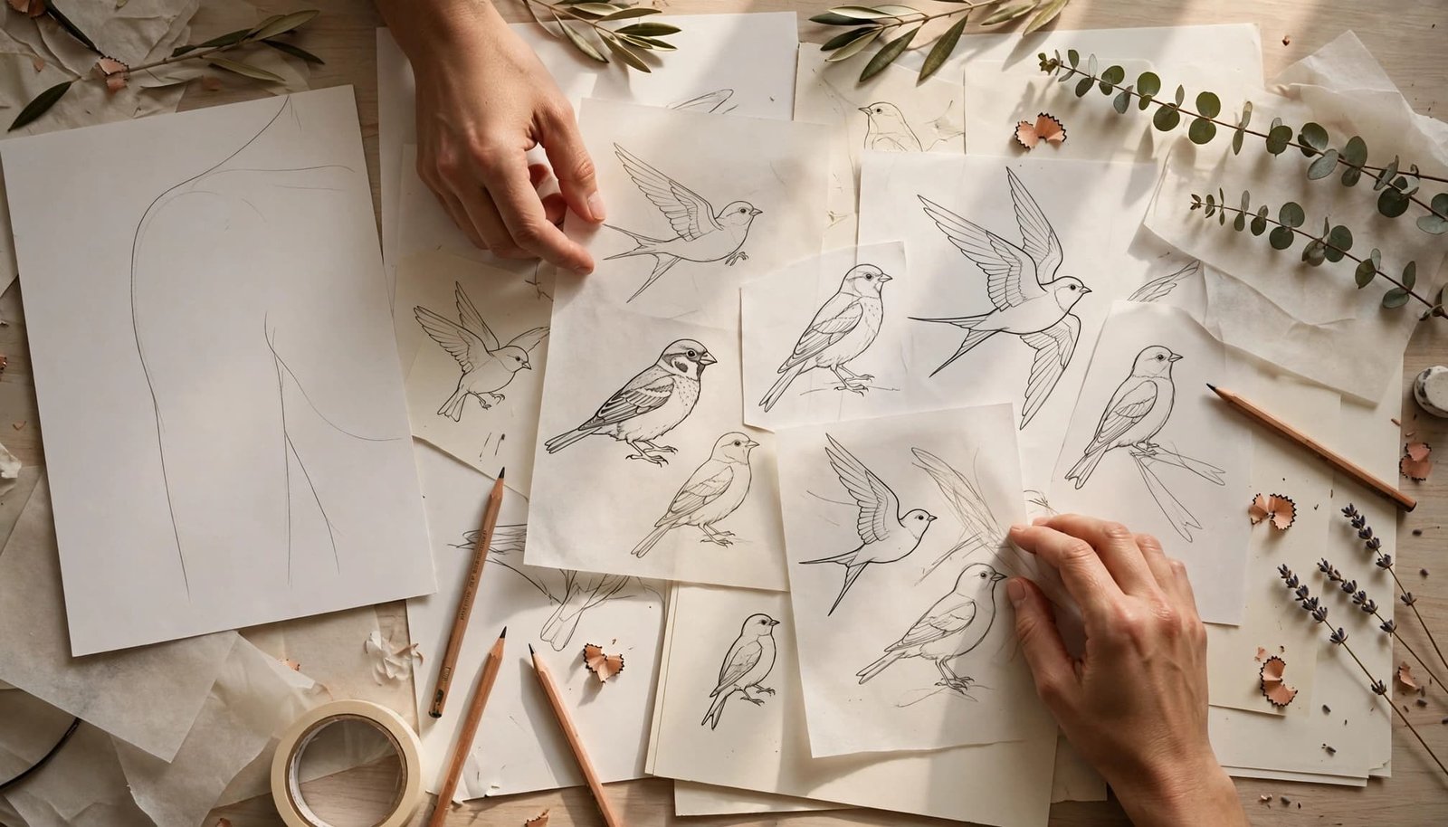 Hands arrange bird tattoo sketches beside a blank body-placement outline.