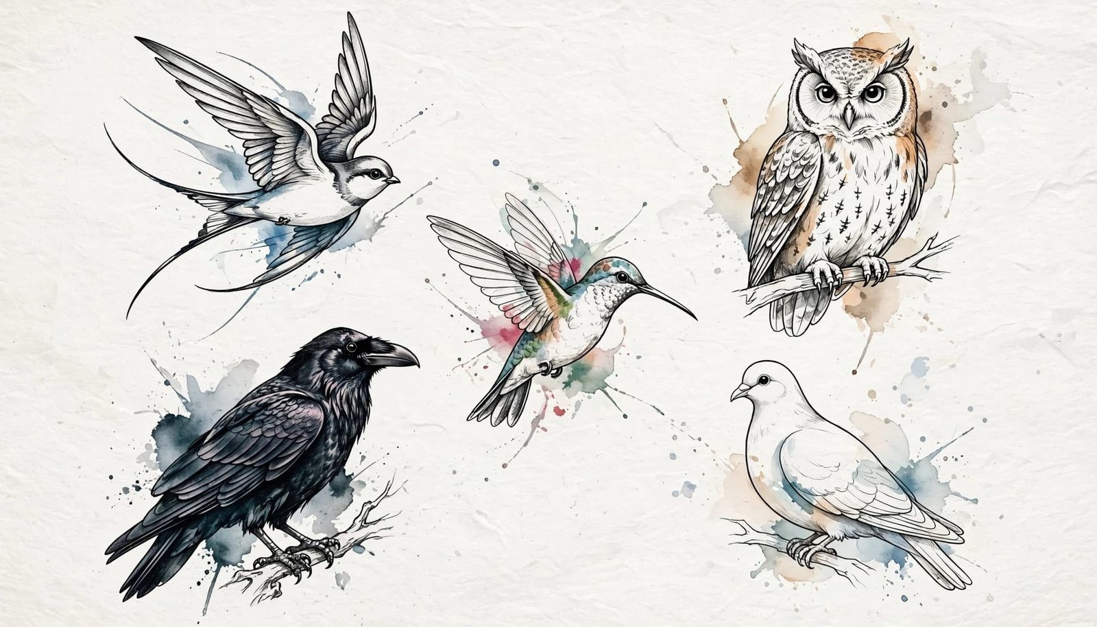 Five bird tattoo sketches show a swallow, owl, hummingbird, raven, and dove.