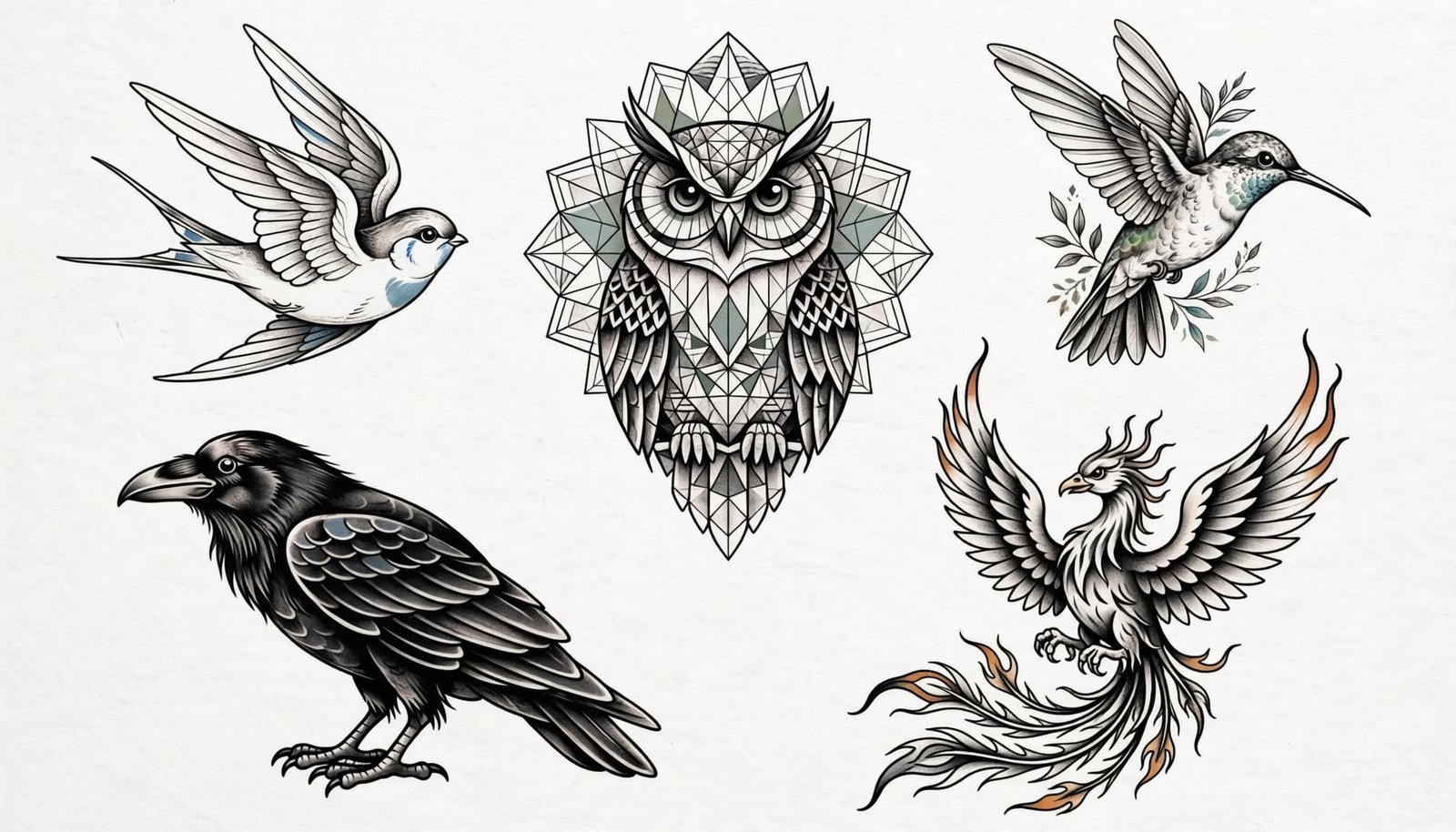 Five bird tattoo designs arranged on a white sheet with black, gray, and muted color details.