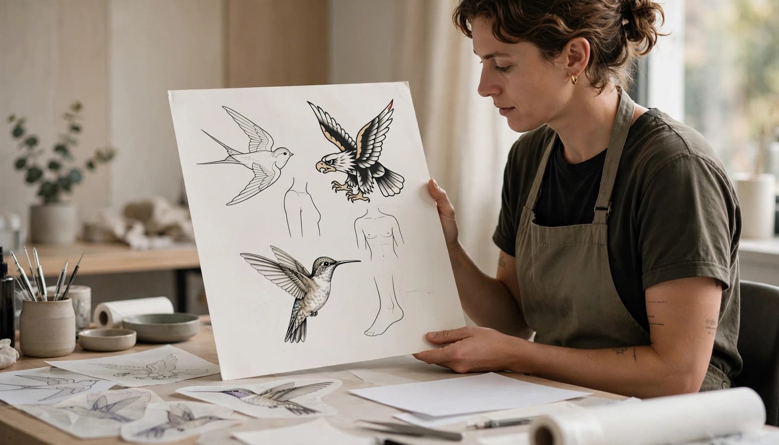 A tattoo artist reviews bird tattoo sketches and body placement silhouettes on a studio table.