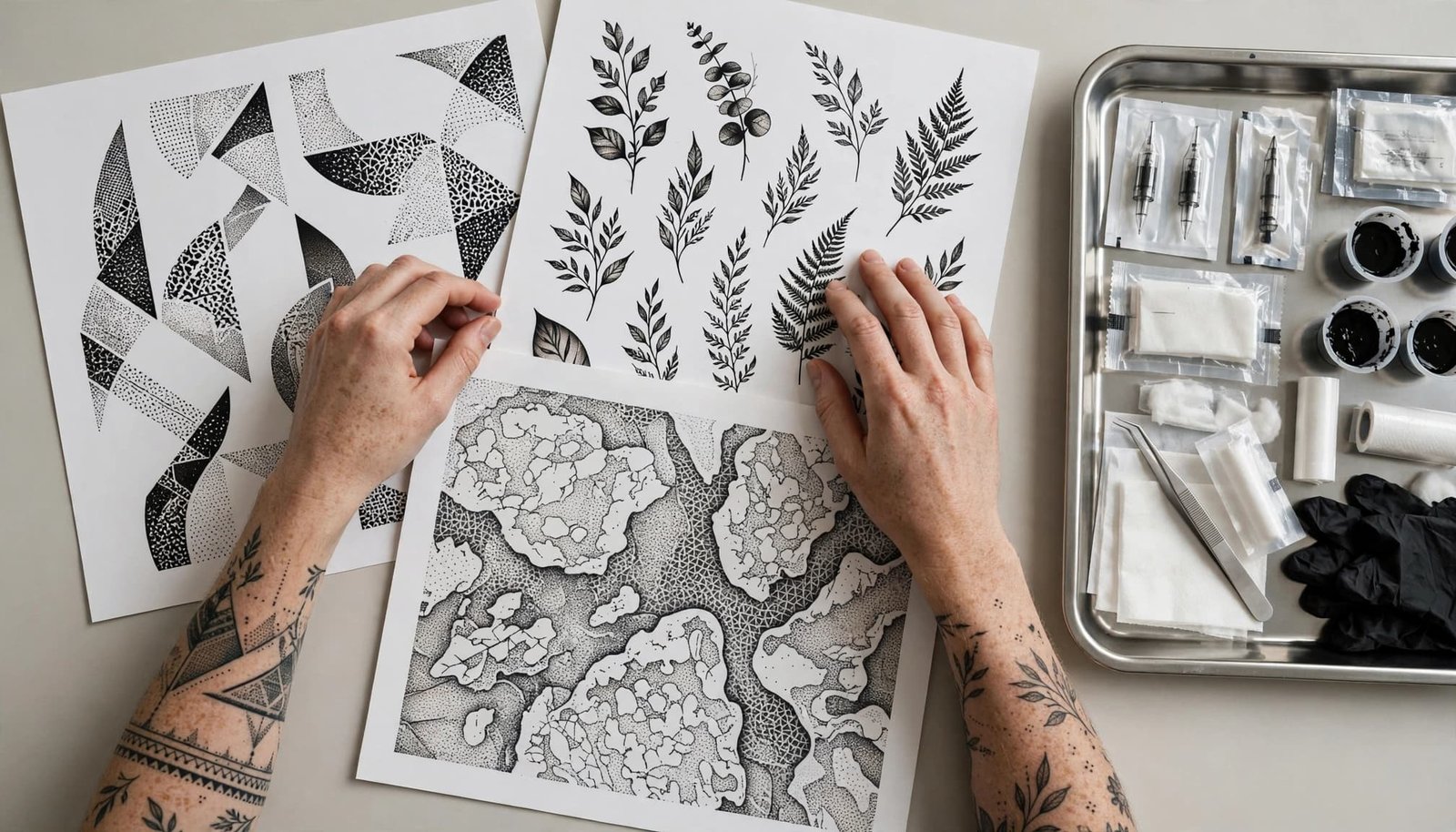 Tattoo artist’s hands arrange blackwork portfolio pages beside sterile studio equipment.