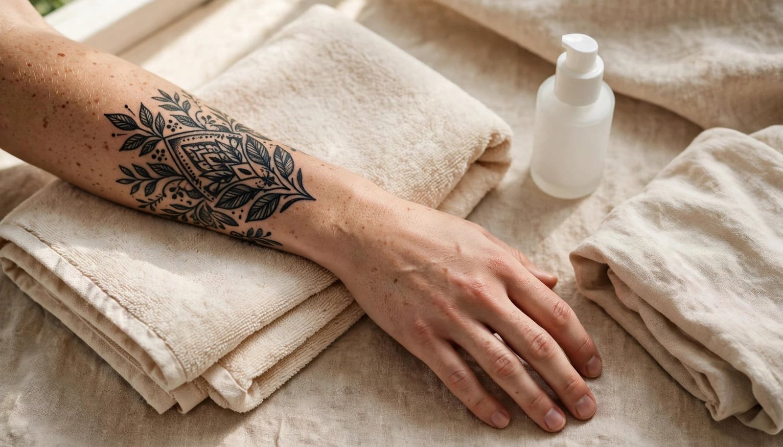A tattooed forearm beside a towel, moisturizer, and folded cotton clothing.