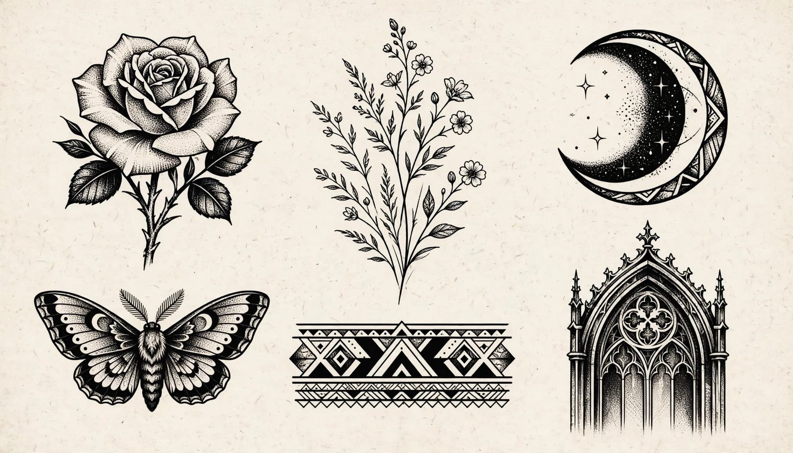 Blackwork tattoo studies featuring flowers, a moon, moth, band, and gothic arch on paper.