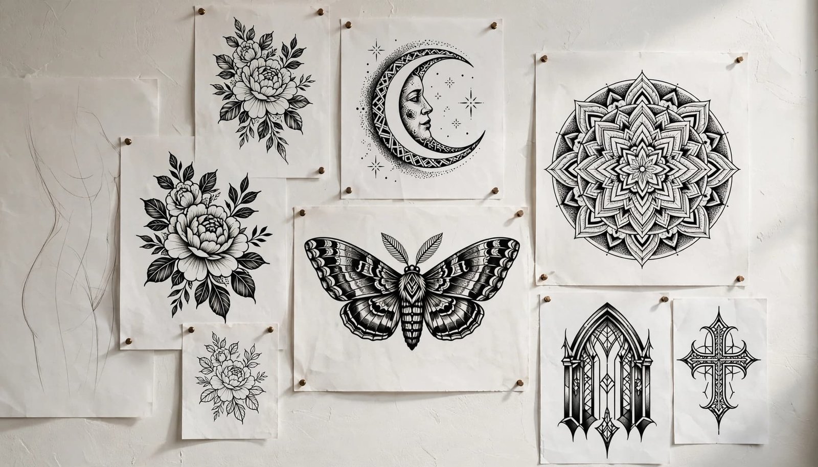 Blackwork tattoo studies show flowers, a moon, moth, mandala, and gothic symbols on a studio wall.