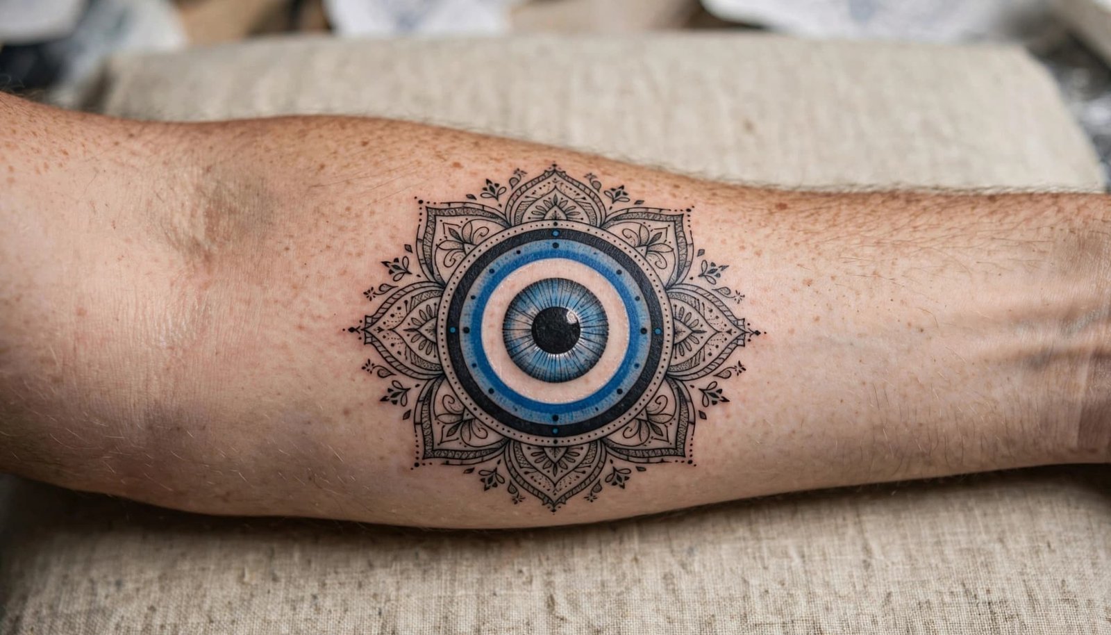 A blue and black evil eye tattoo centered on a forearm.