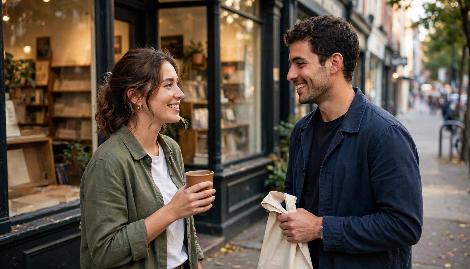 Two adults talk outside a bookstore, holding coffee and a tote bag.