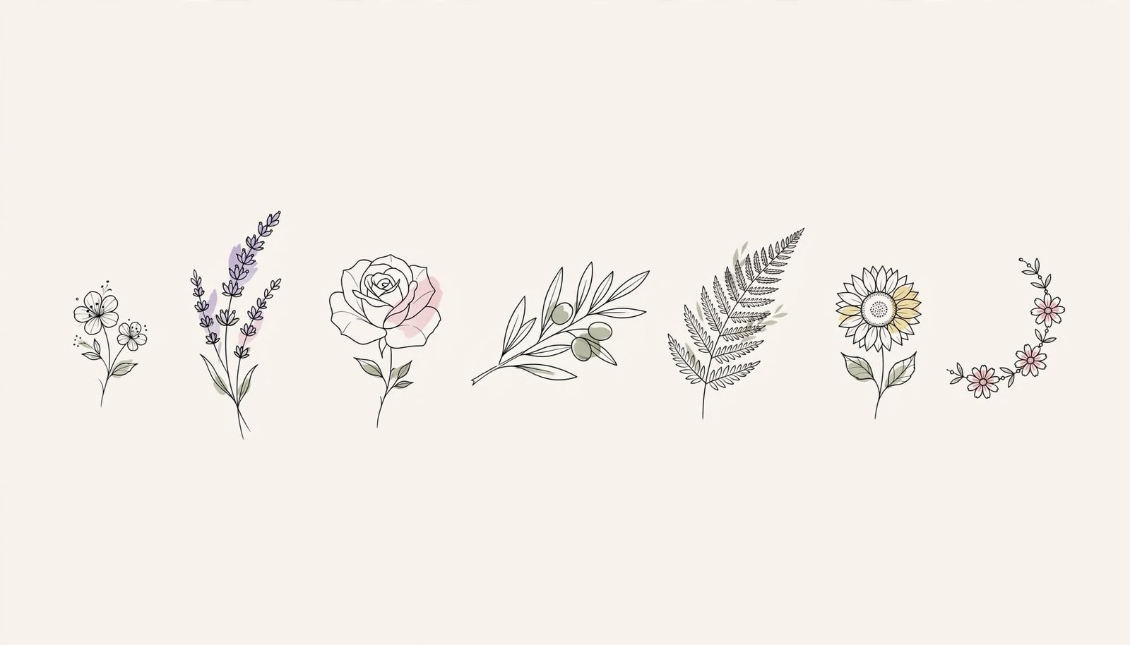 Seven small botanical tattoo sketches arranged on a warm off-white background.