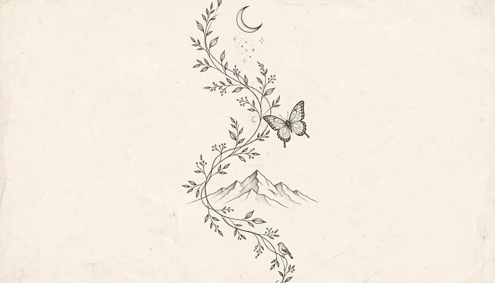 Fine-line vine tattoo with a moon, stars, mountains, butterfly, and bird on ivory paper.