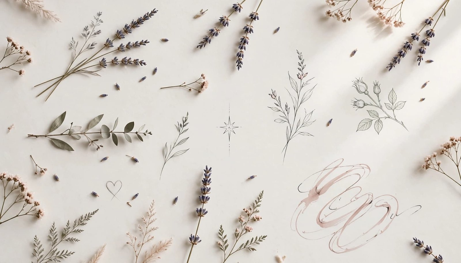 Botanical tattoo sketches with a heart, star, and lavender on an ivory surface.