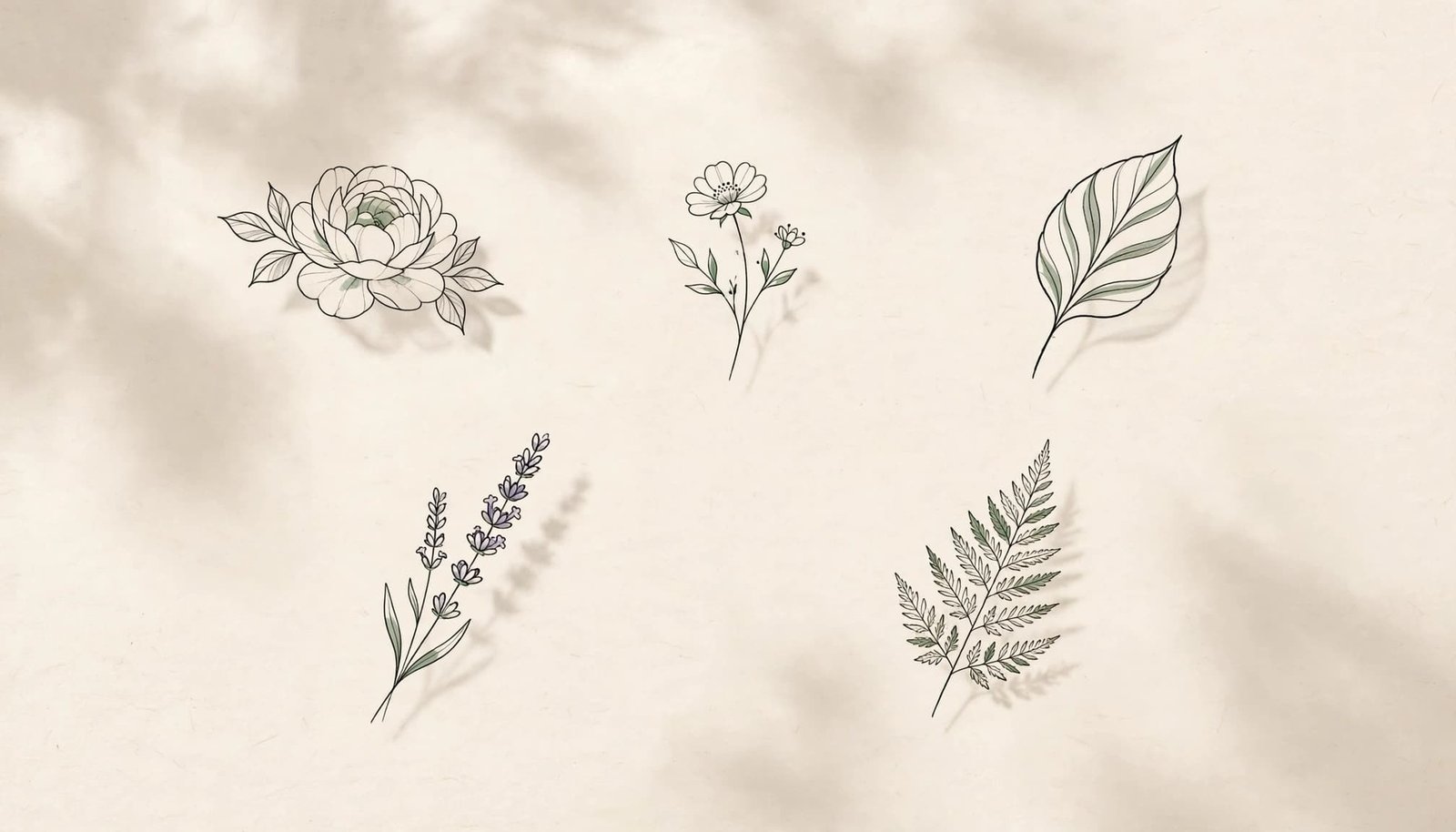 Five small botanical tattoo designs arranged on warm ivory paper.
