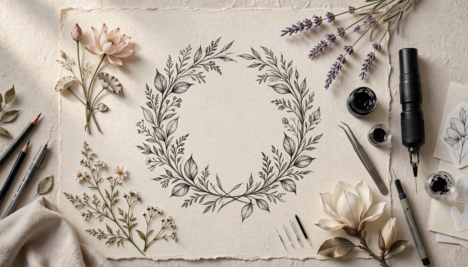 Floral tattoo wreath sketches beside design tools on elegant paper.