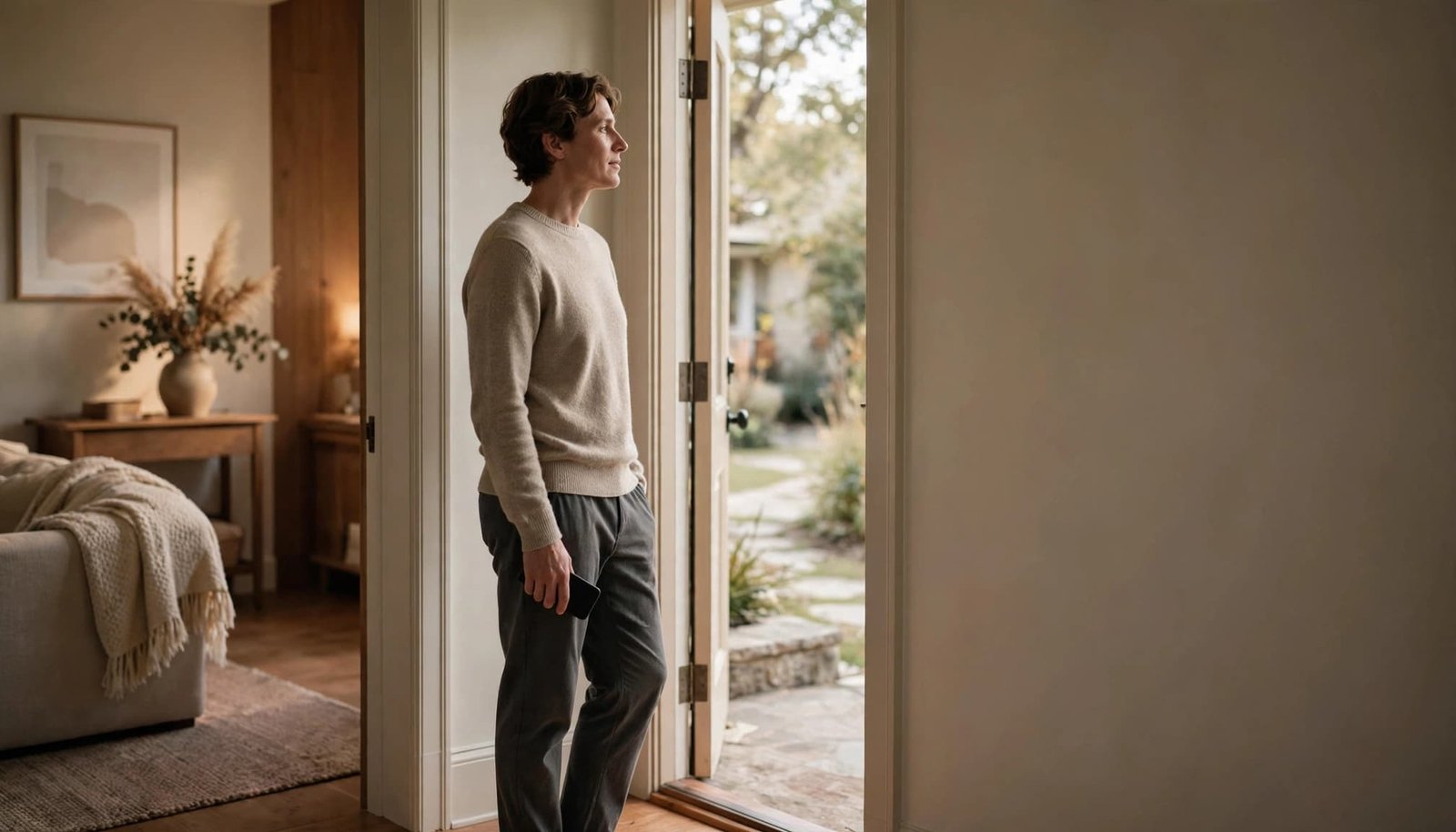 One adult stands by a doorway with a phone, between home and outdoors.