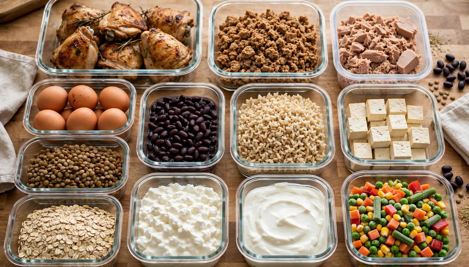 Meal prep containers filled with affordable protein foods, grains, dairy, and vegetables.