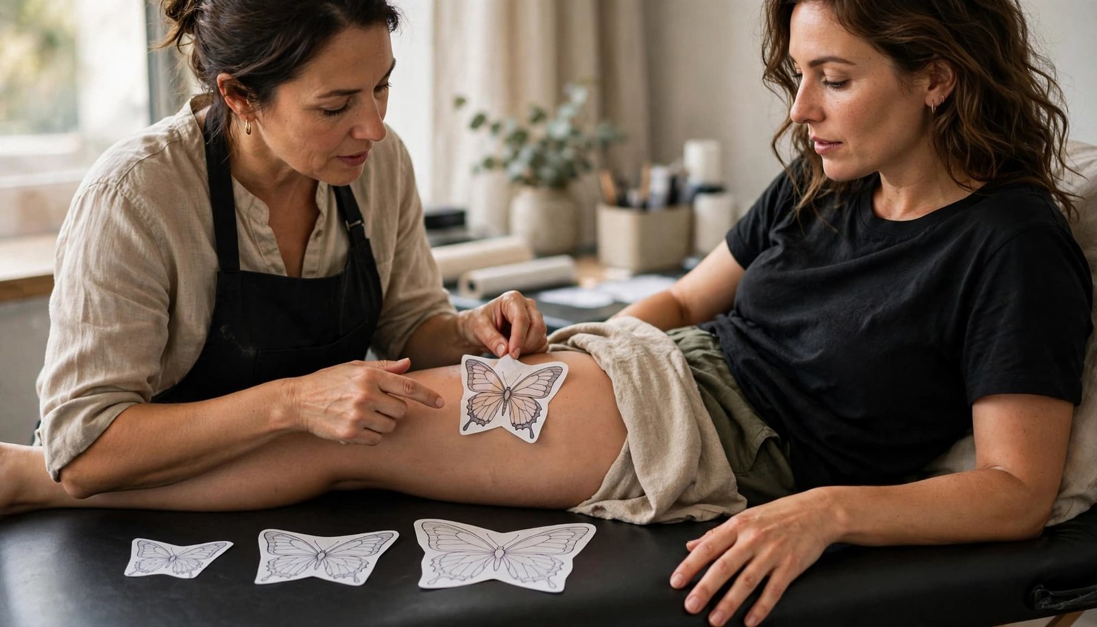 A woman and tattoo artist compare butterfly stencils on her upper thigh.