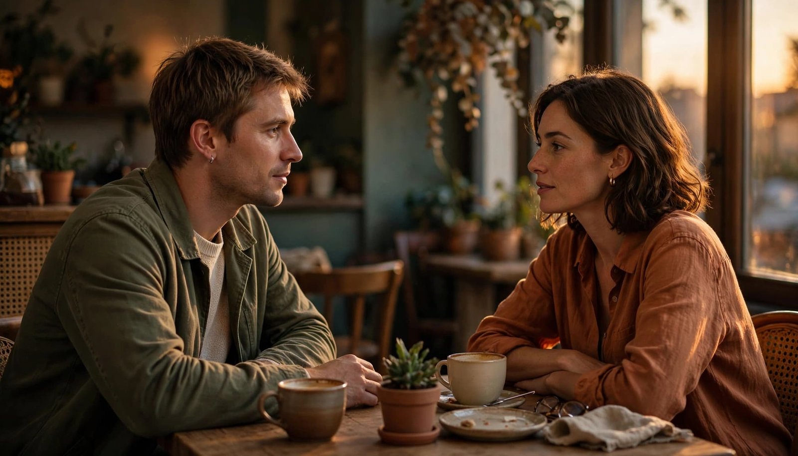 A man and woman calmly discuss boundaries at a cafe table in warm evening light.