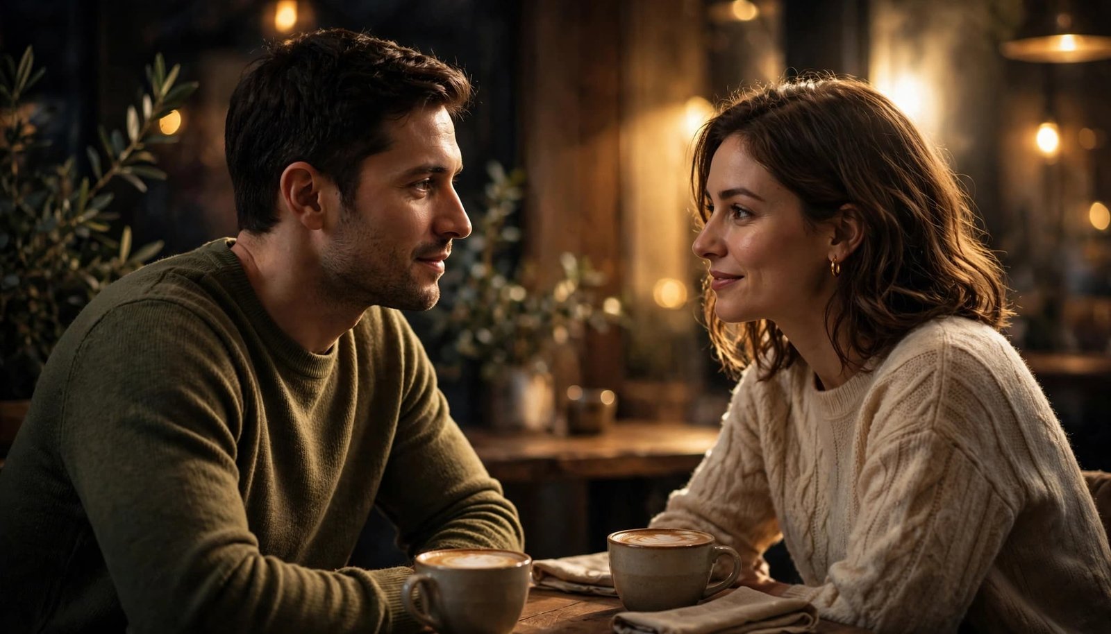 A man and woman share a relaxed conversation in a warmly lit cafe.