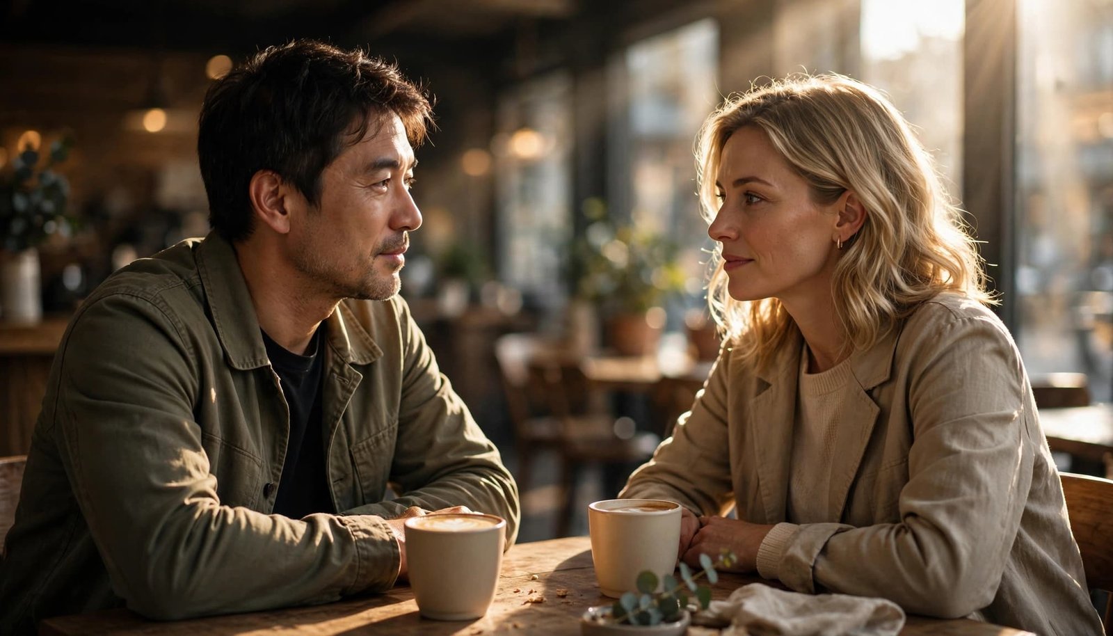 A man and woman having a friendly conversation at a cafe table.