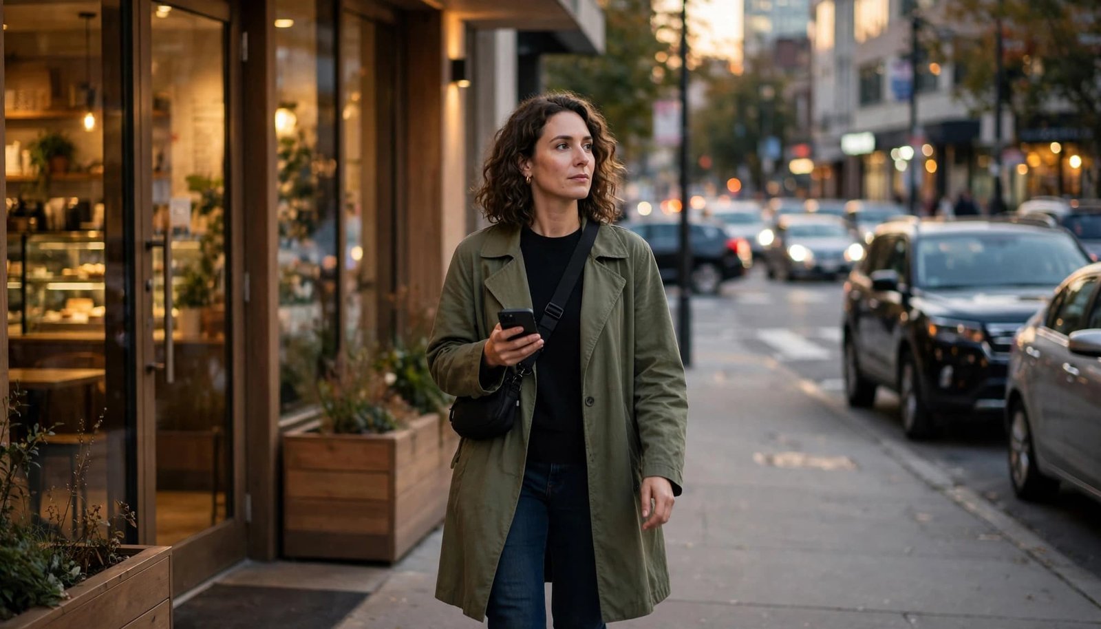 An adult leaves a cafe while holding a phone near a rideshare pickup area.