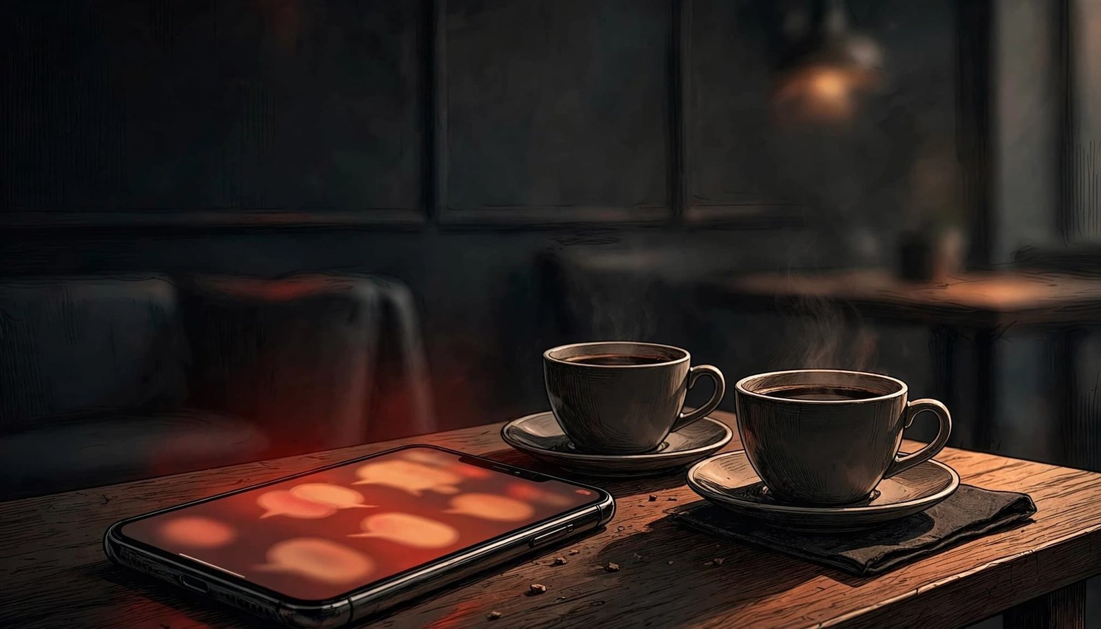 A glowing smartphone sits beside two untouched coffee cups on a dark cafe table.
