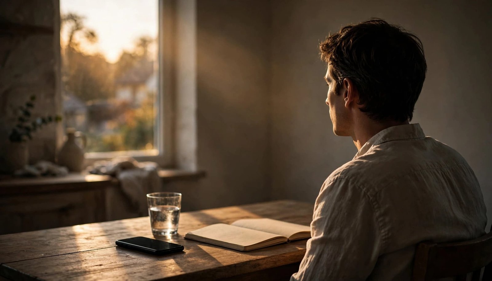 An adult sits at a kitchen table beside a phone, water glass, and notebook.