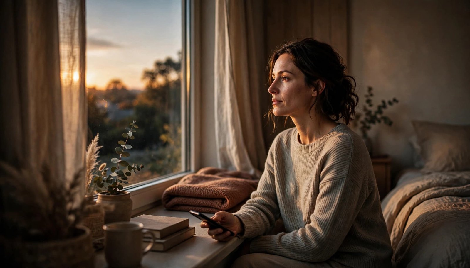 Woman sitting calmly by a bedroom window with a phone in one hand.