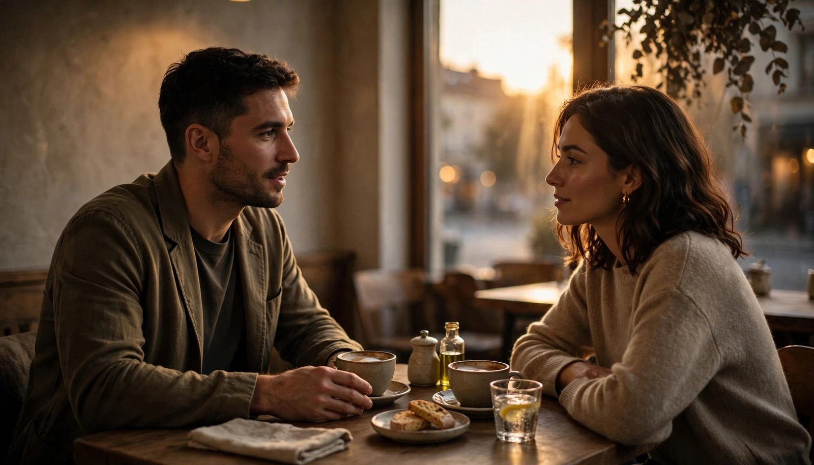 A man and woman calmly talking across a cafe table in warm evening light.
