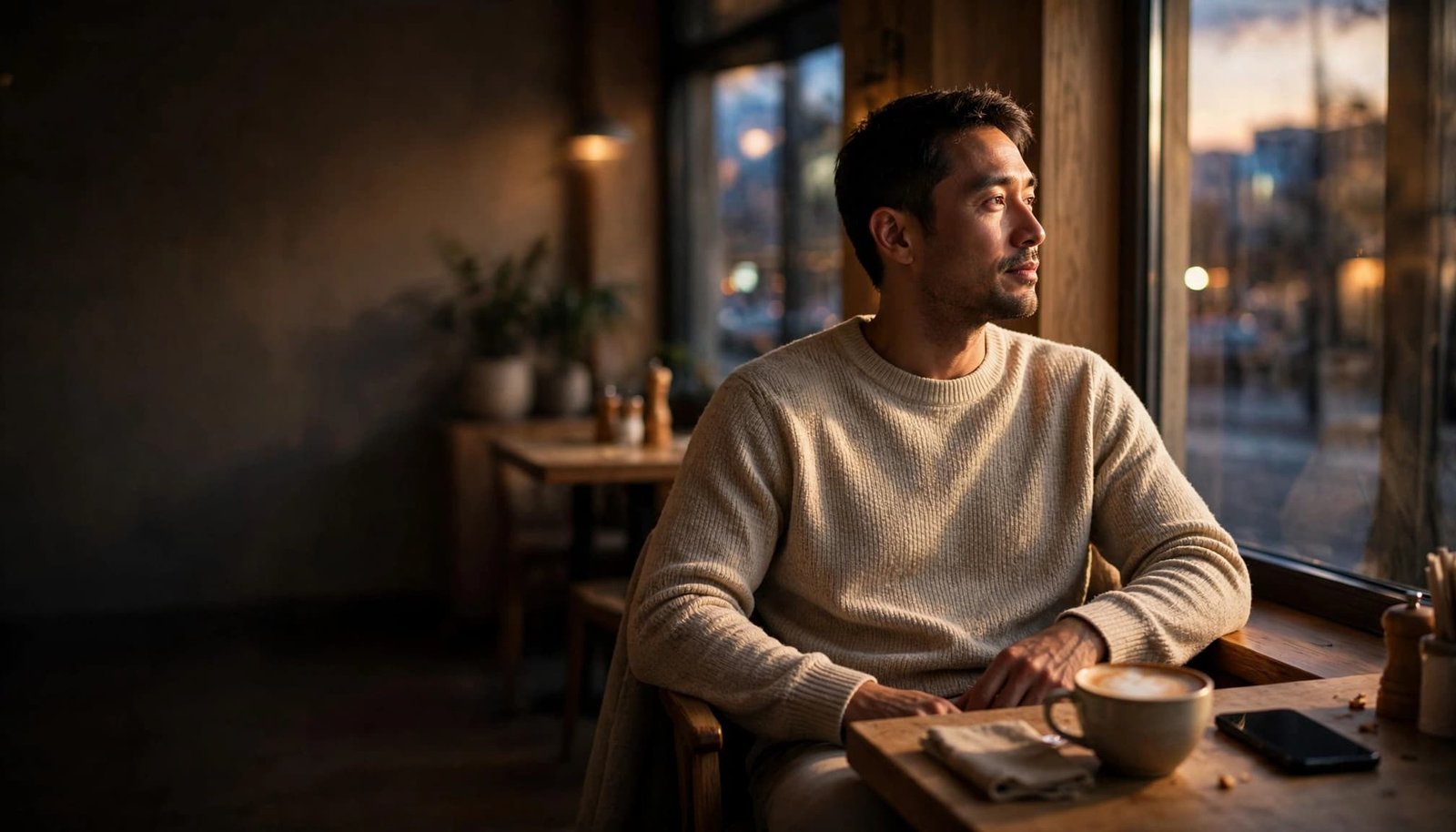 A calm man sits at a cafe table with coffee and a phone nearby.